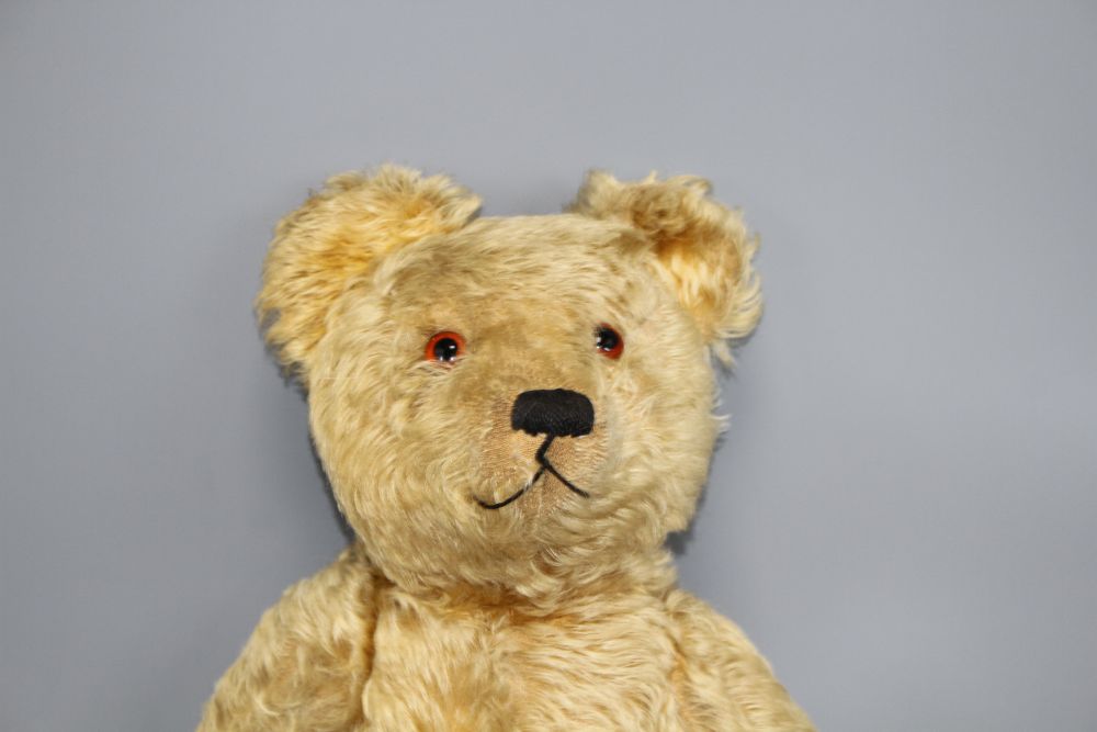 An Alpha Farnell bear, c.1950, 20in., original paw pads, one damaged, glass eyes, slight thinning to front and back of body